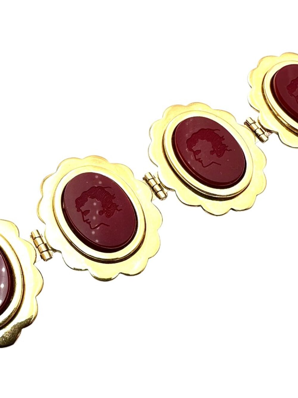 Vintage Red Intaglio Glass Cameo Gold Plated Bracelet 8 Inch Heavy Nice Quality